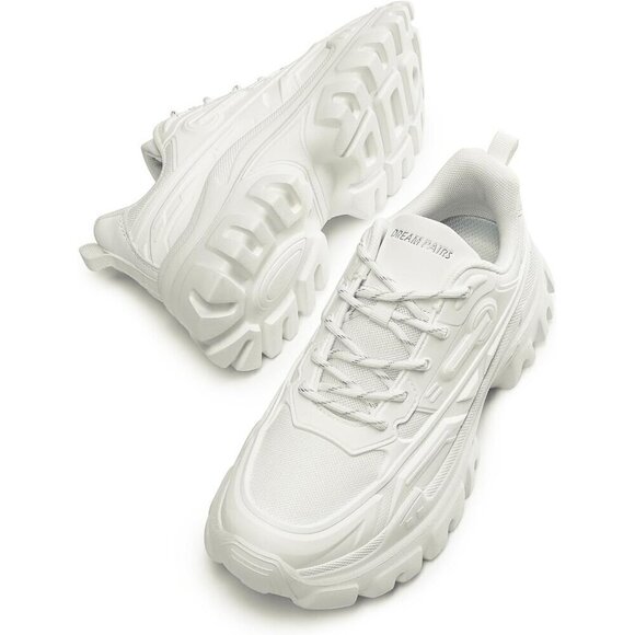 Women White Chunky Fashion Sneakers Bold Lace-Up Comfortable Sneakers - Picture 2 of 9